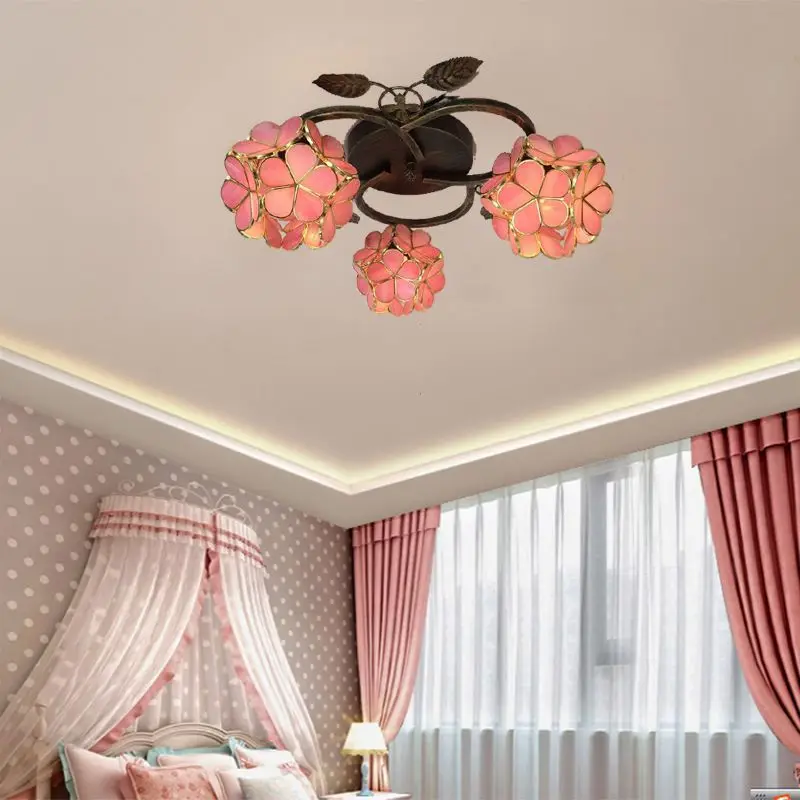 New bedroom, study, French style countryside retro petal glass children's room art ceiling light