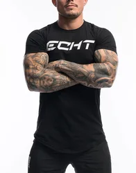 Men Tshirt Summer Curved Hem T-shirt Bodybuilding Big Letter Printed Men Fitness Workout Casual Shot Sleeve Shirt