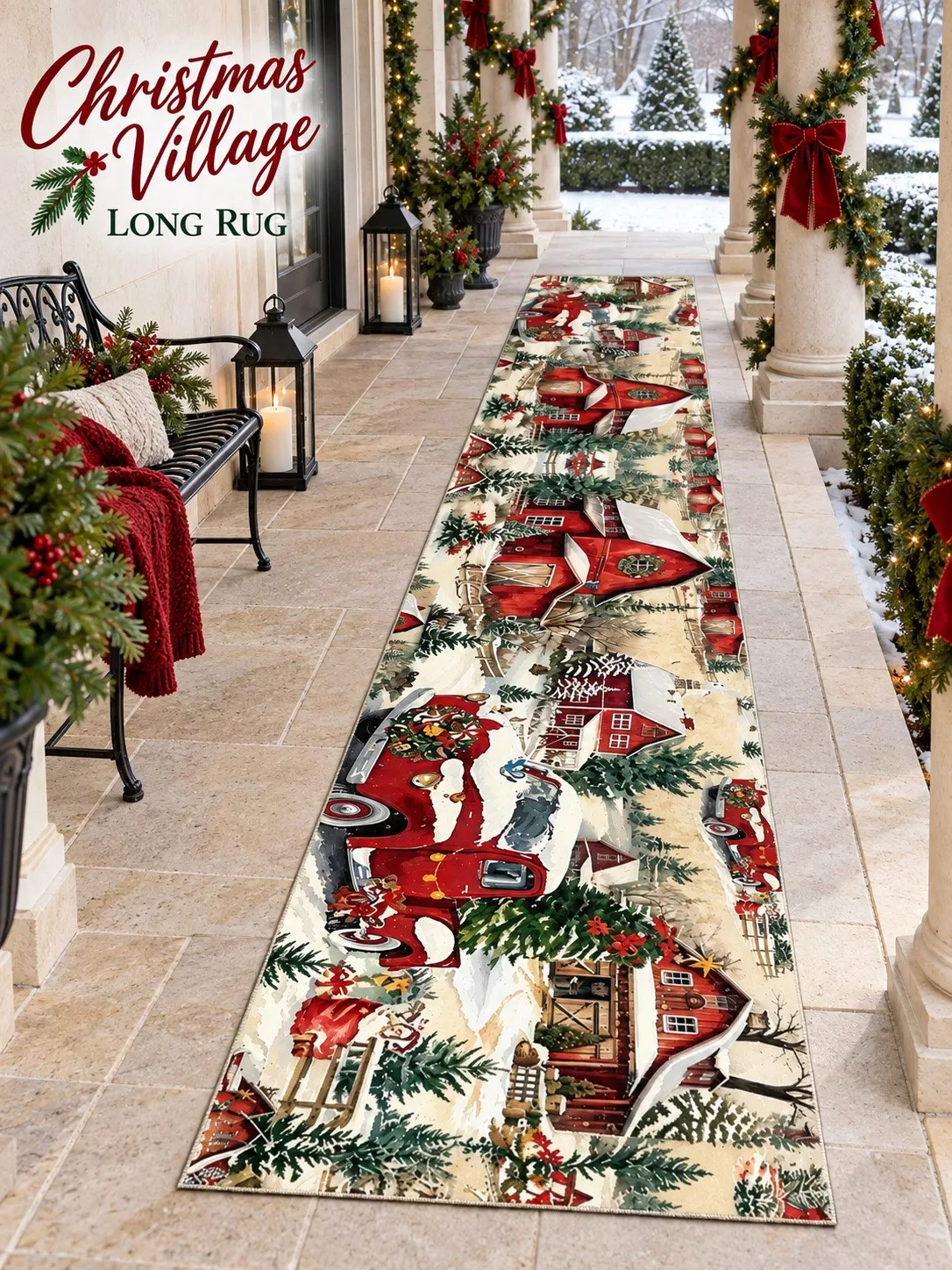 Christmas Aisle Runners Village Houses Truck Pine Trees Runner Rugs Long Carpet for Hallway Entryway Kitchen Bedroom Living Room Farmhouse Foyer Floor Mat Winter Holiday Home Decor Birthday Anniversary Housewarming Gifts To Family and Friends