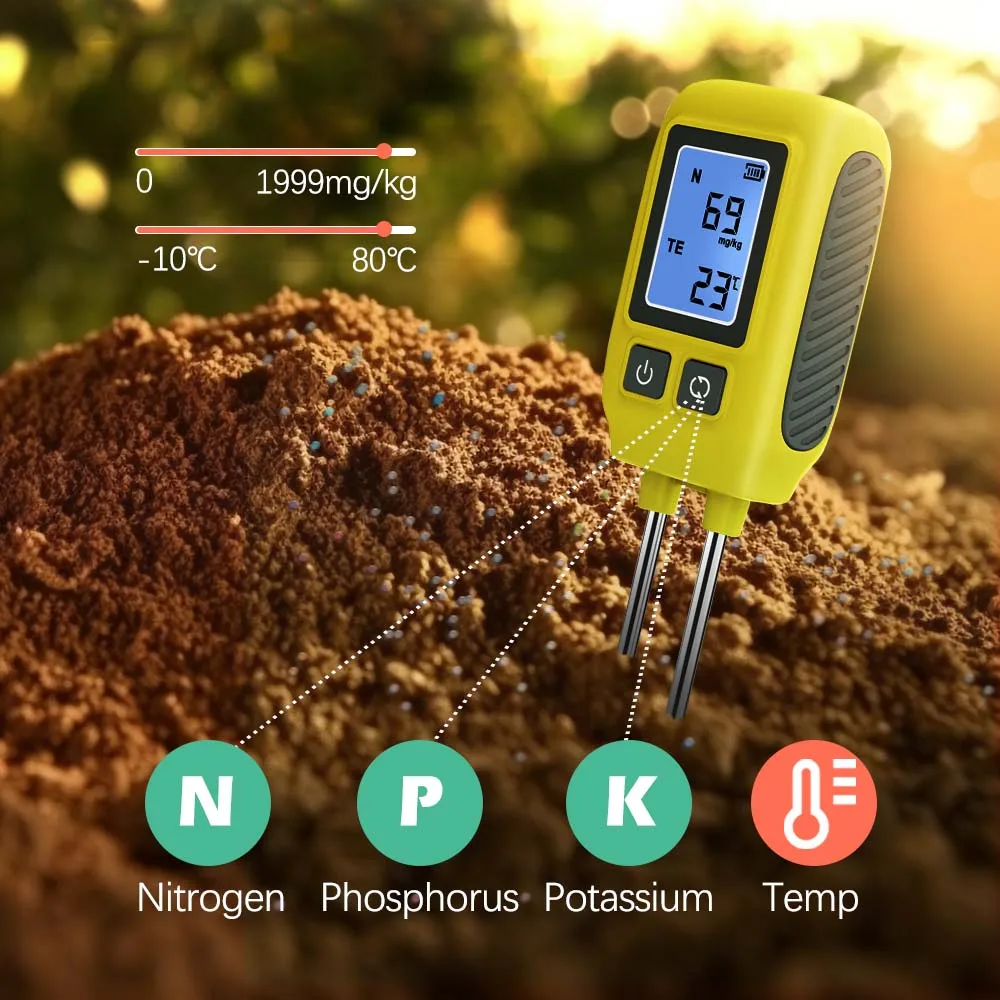 4-in-1 NPK Soil Meter Tester Temp Portable Soil Nutrient Analyzer Gardening Lawn Agriculture for Nitrogen Phosphorus Potassium