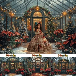 Winter Greenhouse Photography Background for Girls Birthday Christmas Tree Glitter Lights Garland Backdrop Family Photo Studio