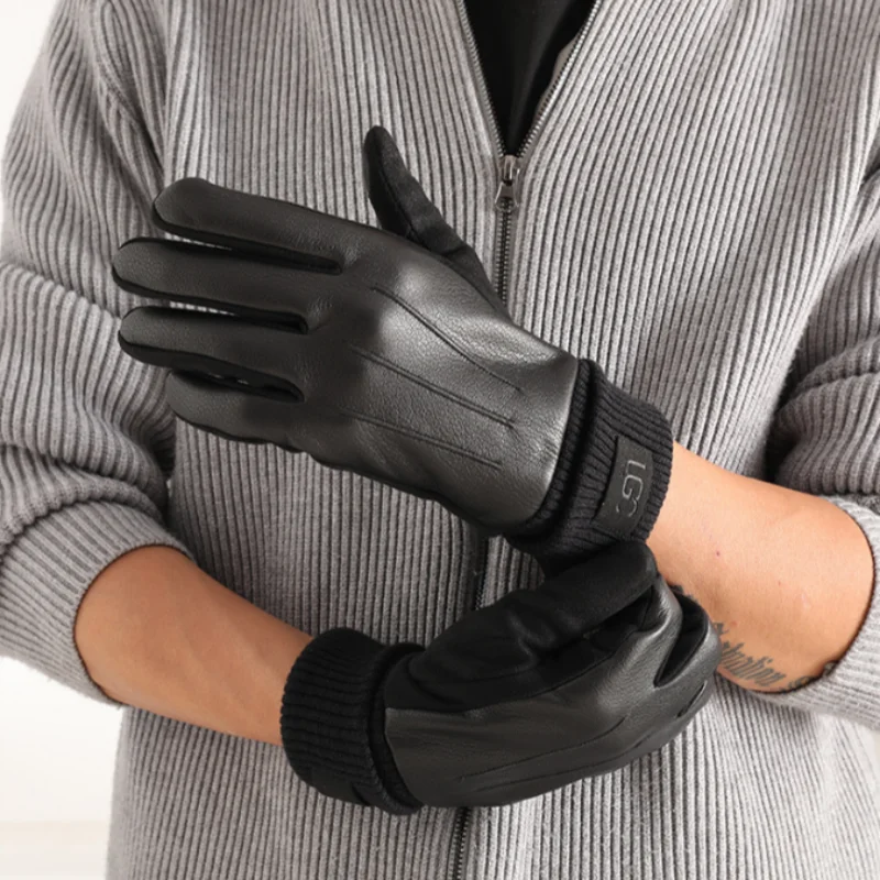 Winter Warm Touch Screen Gloves for Men Suede Gloves Men's Gloves Fashion Thicken Outdoor Cycling Driving PU Leather Gloves