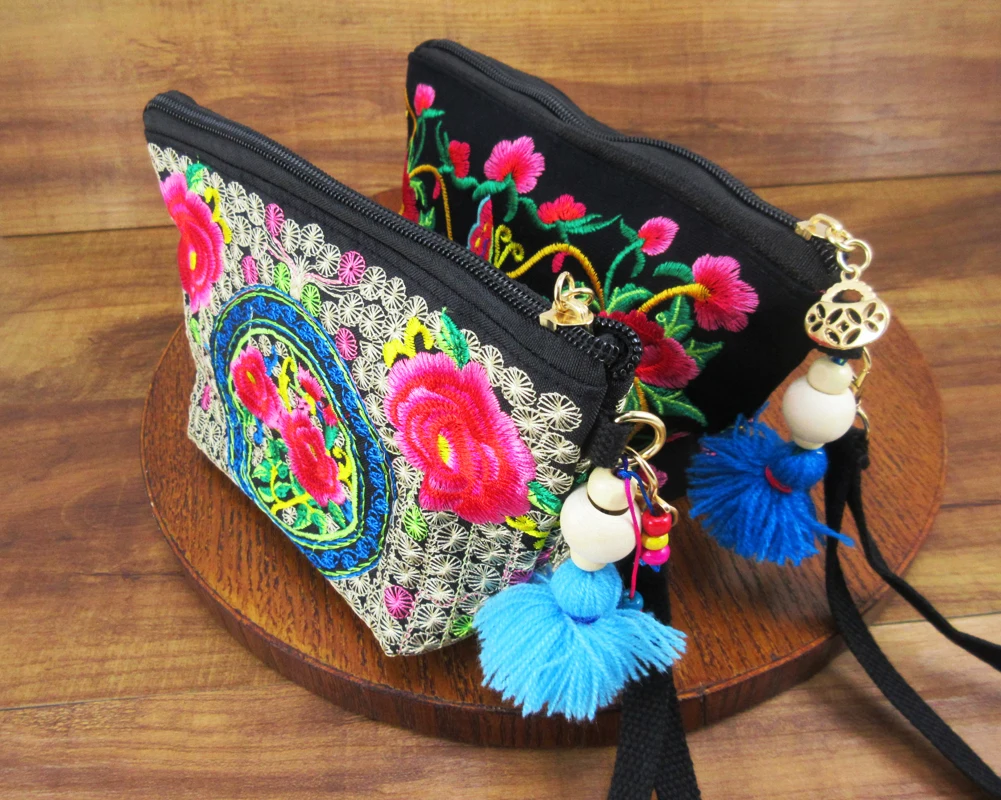 2 Pcs Cosmetic Vintage Hmong Thai Indian Embroidered Bag Fashionable Clutch Purse, Boho Hippie Ethnic Handbags SYS-2016