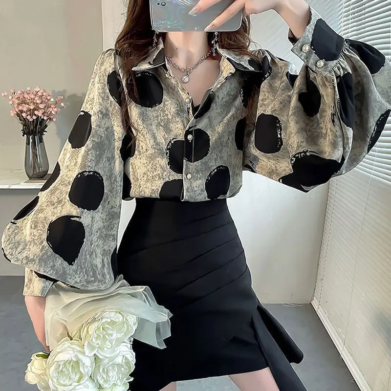 Office Lady Polka Dot Printed Blouse Women\'s Clothing Single-breasted Spring Autumn Lantern Sleeve Turn-down Collar Loose Shirt