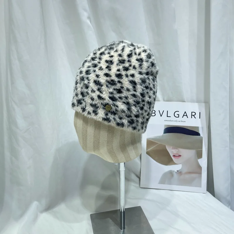 الأمريكية الرجعية ليوبارد طباعة أفخم البلوز محبوك قبعة المرأة الخريف والشتاء لينة عادية الدافئة سدادات حماية الأذن الجمجمة قبعة قبعة