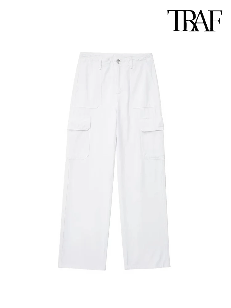 TRAF Pantaloni retrò a vita alta da donna con gamba dritta Moda multitasche Pantaloni da lavoro Street Beat Pantaloni casual da donna