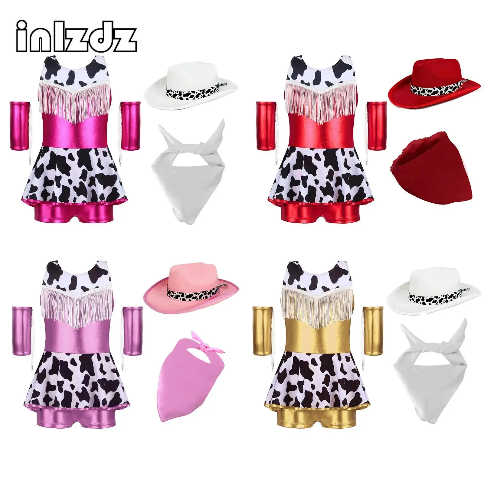 

Girls Halloween Cowgirl Cosplay Costume Metallic Gloss Built-In Shorts Dress+Oversleeves+Cowboy Hat+Bandanna Performance Set