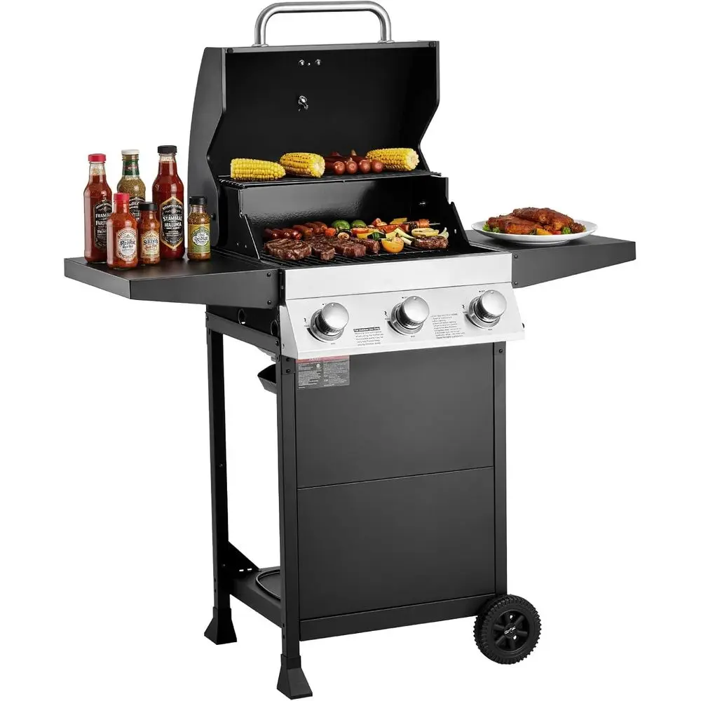 

3-Burner Propane Grill with 338 Sq. In. Cooking Space, Foldable Side Shelves, Outdoor BBQ Grill