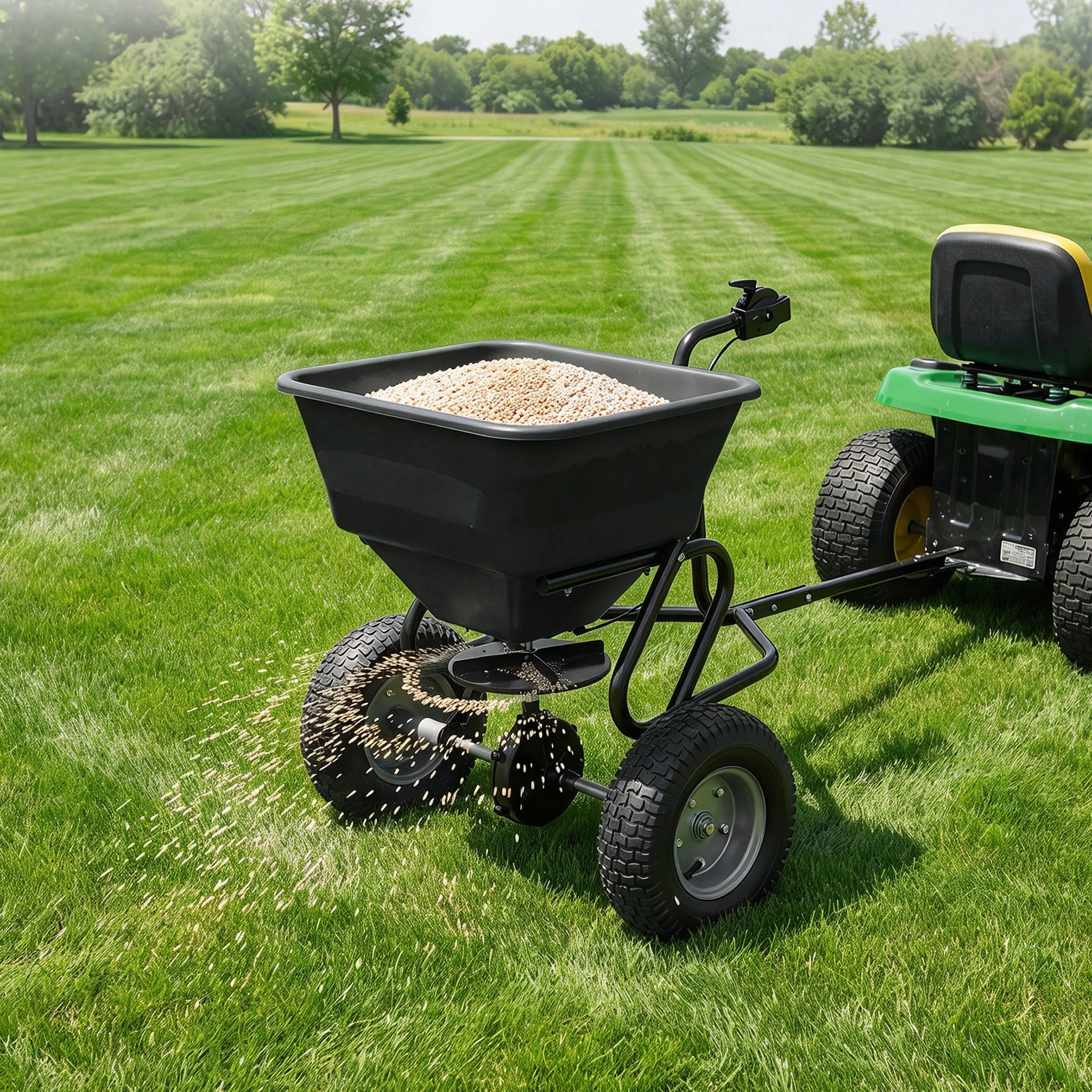 100 Lbs Tow-Behind Broadcast Spreader for Lawn & Garden Fertilizer, Seed & Ice Melt, 45L Heavy-Duty Carbon Steel, Pneumatic Wheels, Adjustable Current