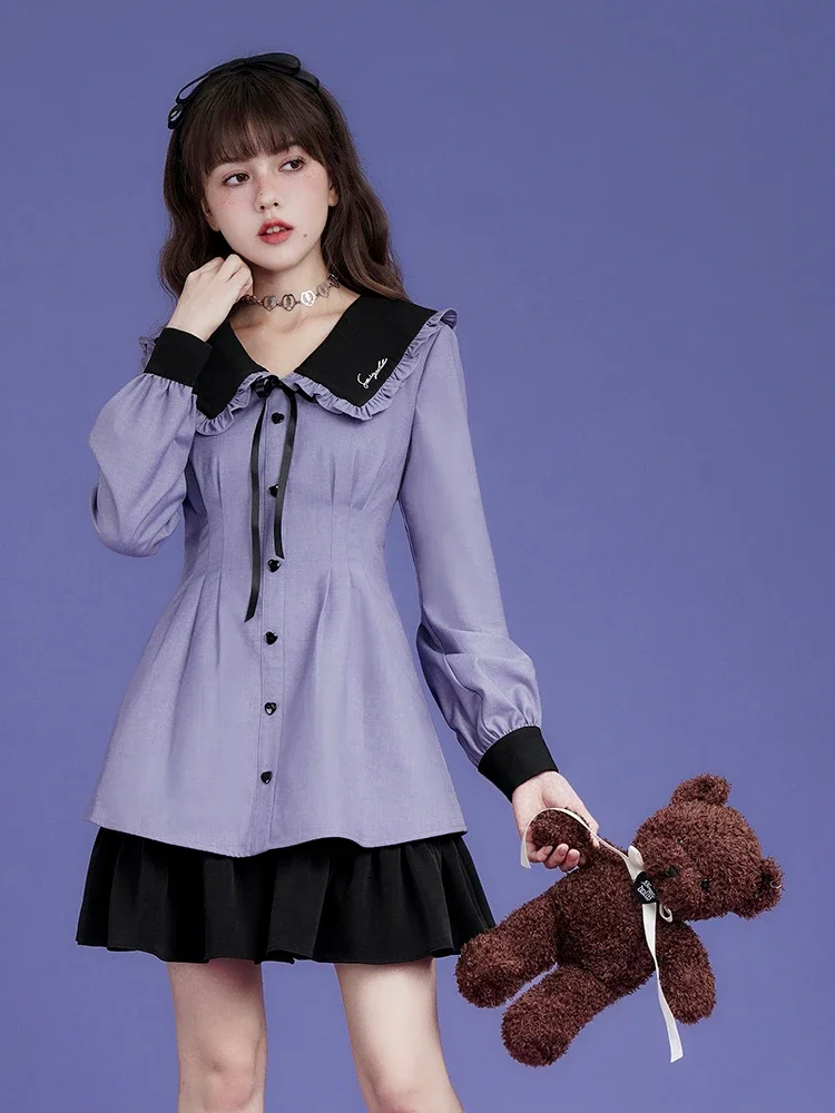 Japanese Rojita Little Princess Black Purple Sweet Cool Lapel Long Sleeve Single-breasted Dress Autumn Winter Vestido De Mujer