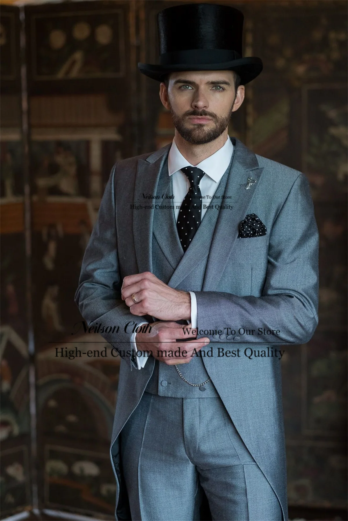 

Business Dark Grey Male Prom Blazers 3 Pcs Sets Long Coat Groom Wedding Tuxedos Peaked Lapel Customized Tailcoat Costume Homme