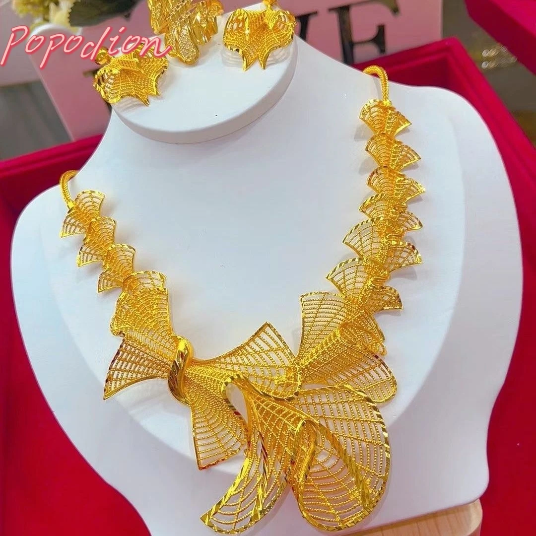 

Popodion Dubai 24K Gold Plated Bride Wedding Necklace Earrings Women's Ring Party Boutique Gifts Jewelry Three Piece Set YY10388