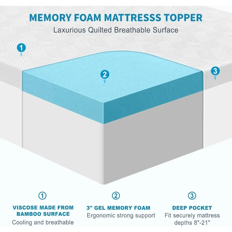 3 Inch Gel Memory Foam Mattress Topper Twin Size, High Density Memory Foam Mattress Pad Cover with 8-21