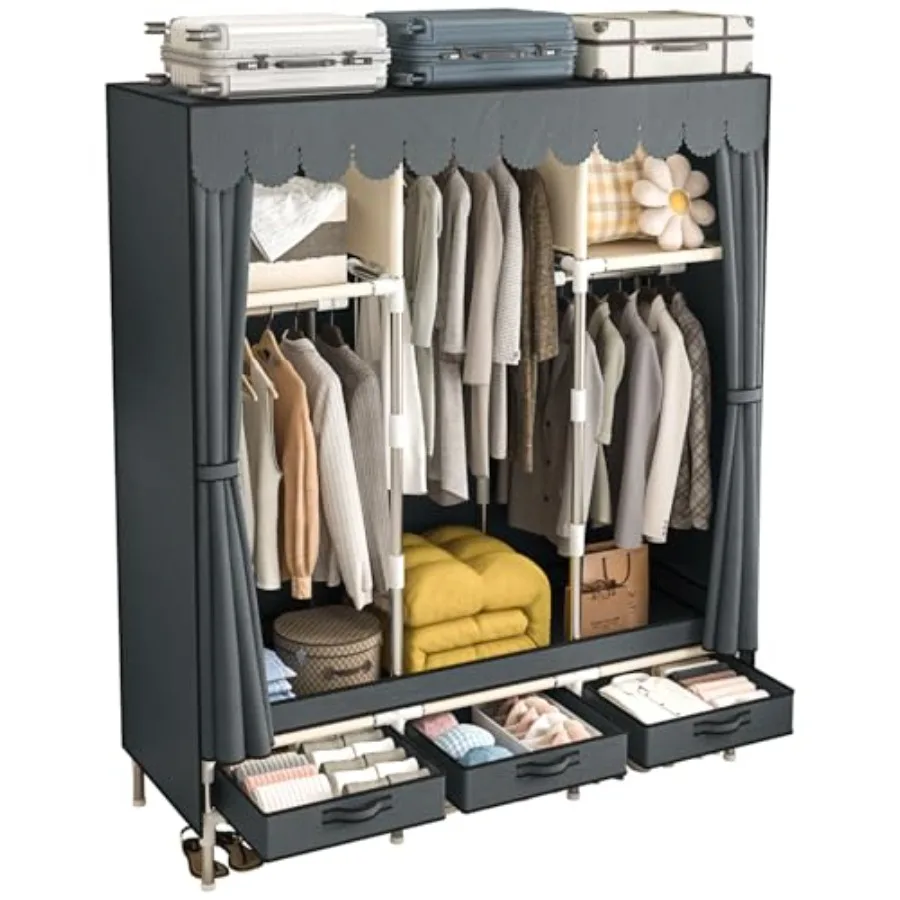 

Portable Armoire Wardrobe Closet with 3 Drawers and 3 Hanging Rods, Cloth Closet Wardrobe Cabinet for Hanging Clothes, Grey Cov