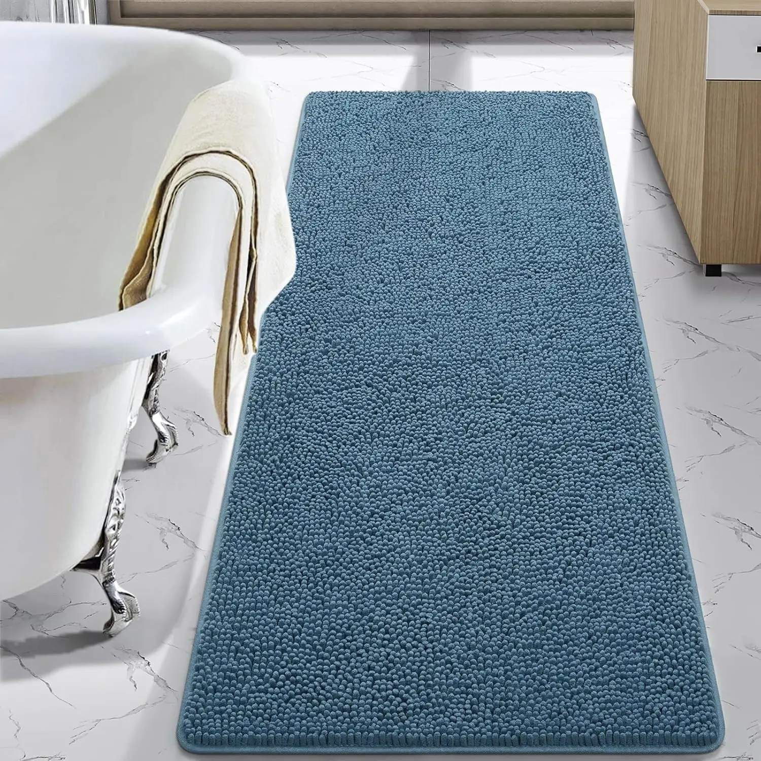 

Luxury Shaggy Bath Mat 24x70 Inch, Washable Non-Slip Soft Plush Chenille Absorbent Rug Denim Blue