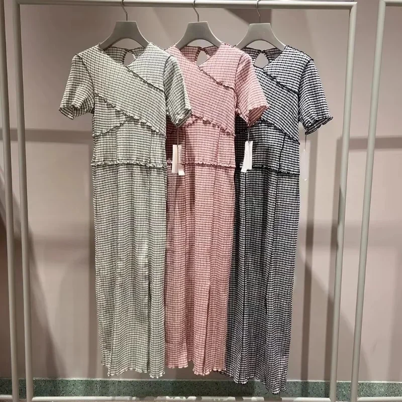 Kuzuwata 2024 verão manga curta com decote em v vestido feminino emendado xadrez fino ajuste robe japonês split estiramento commuter vestido longo