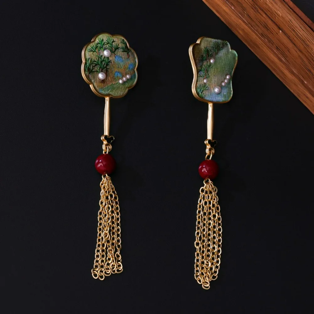 New Chinese Style Brocade Fan Chain Tassel Dangle Earrings Retro Style Simple Niche Versatile Exquisite Encrusted Glass Earrings