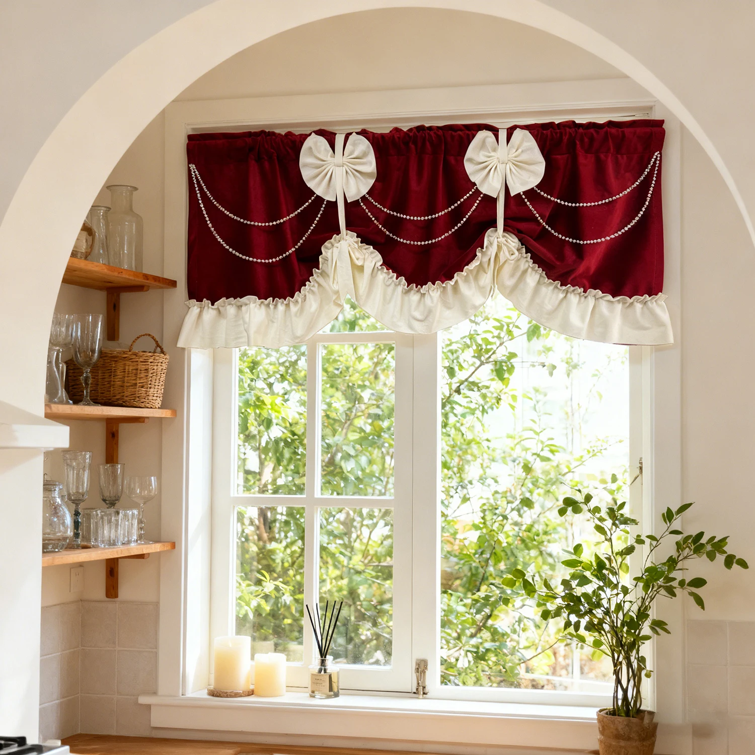 Burgundy Velvet Ruffle Curtain Valance with Beaded Bow, with Adjustable Rope Victorian Romantic Waterfall Curtain for Windows