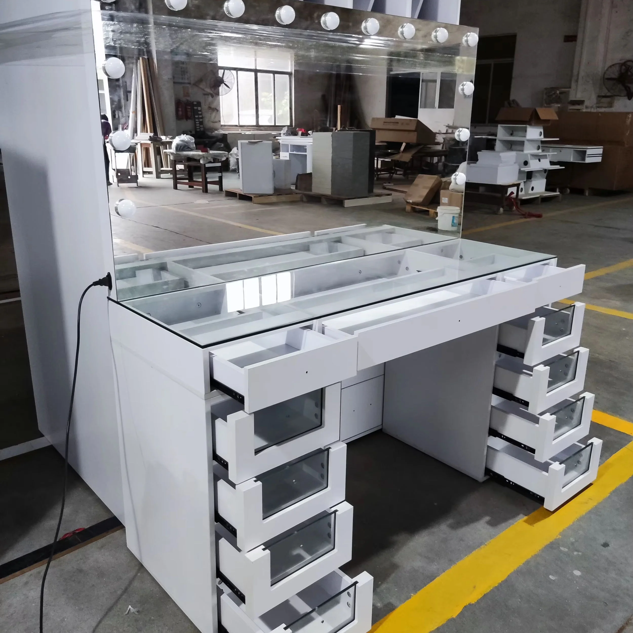 * Modern Dressing Table with LED Mirror Big Wooden Glass Makeup Vanity Stainless Steel Application for Hair Salon