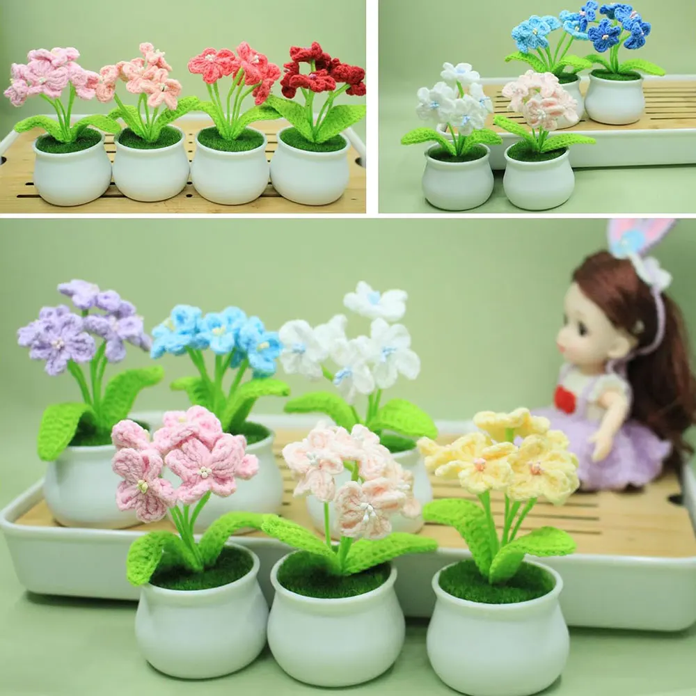 Mini Cute Style DIY Handwoven Simulation Pot Flower Planting Thread Crochet Knitted Finished Home And Garden Decorative Ornament