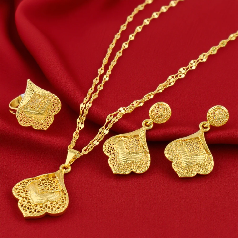

Fashion Gold Color Jewelry Set for Women Dubai 24K Gold Plated Necklace Earrings Ring Set Party Accessories Nigerian India Gift