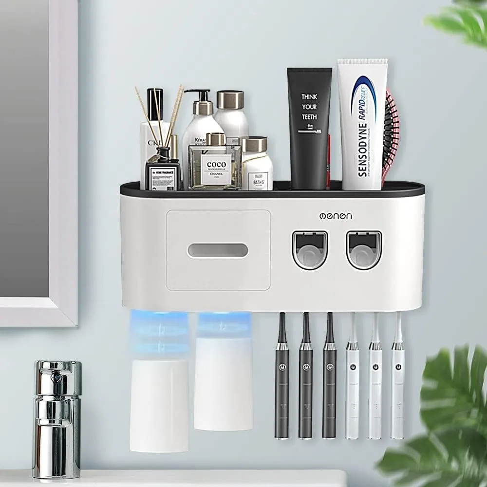 

Toothbrush Holders Wall Mounted, Toothbrush Holder with Automatic Toothpaste Dispensers, 6 Brush Slots, 2 Magnetic Cups,1