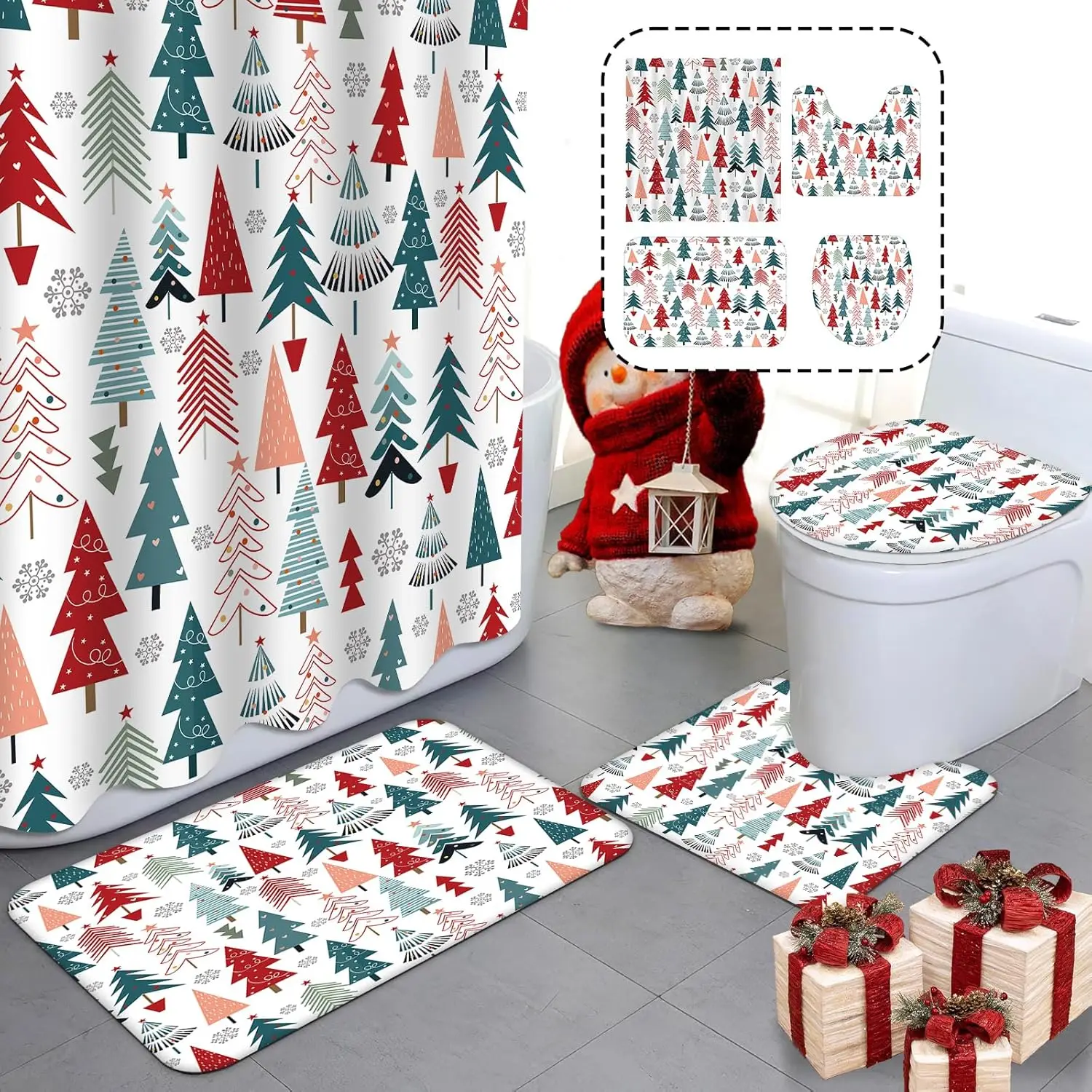

4pcs Christmas Shower Curtain Sets with Non-Slip Rugs, Toilet Lid Cover and Bath Mat - Christmas Tree, Snowflake Pattern Winter