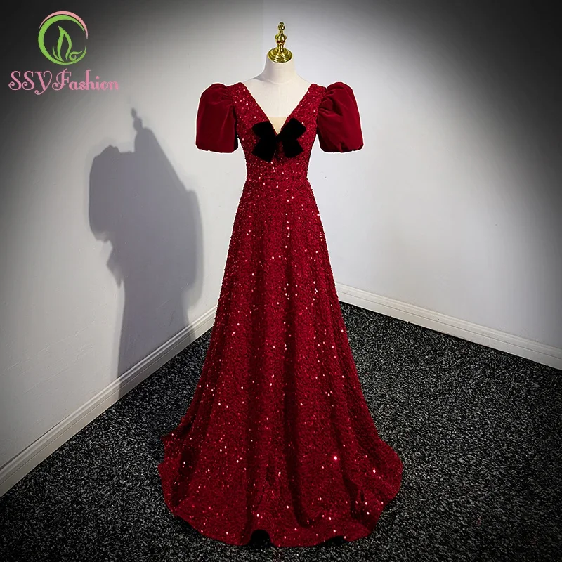 

SSYFashion Wine Red Sequins Evening Dress for Women Puff Sleeve A-line V-neck Sparkling Long Party Formal Gown Vestidos De Noche