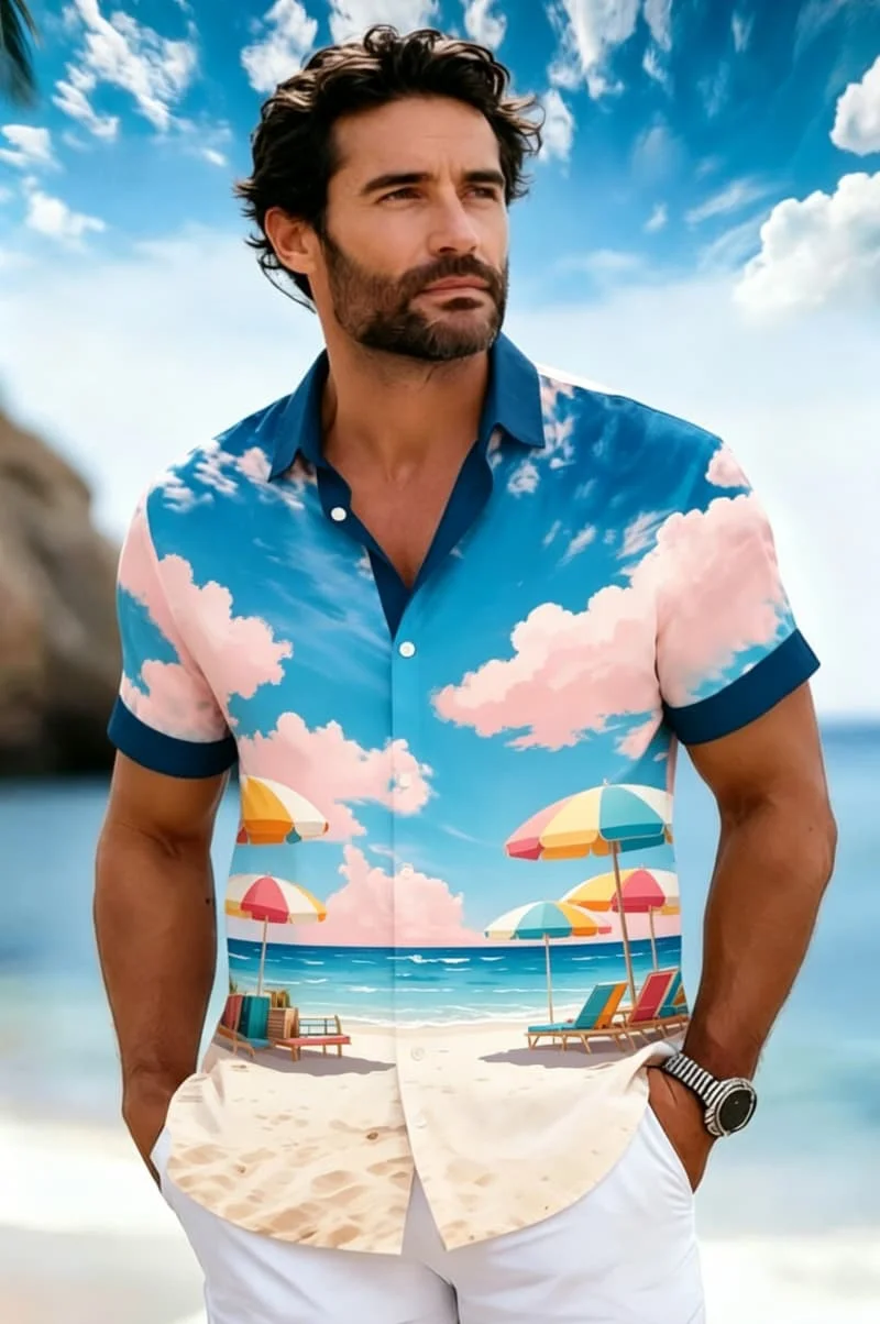 Men's Sunset Coastal Print  Shirt, Timeless Hawaiian Style for Summer Holiday, Beach Trips, Daily Outings & Casual Wear