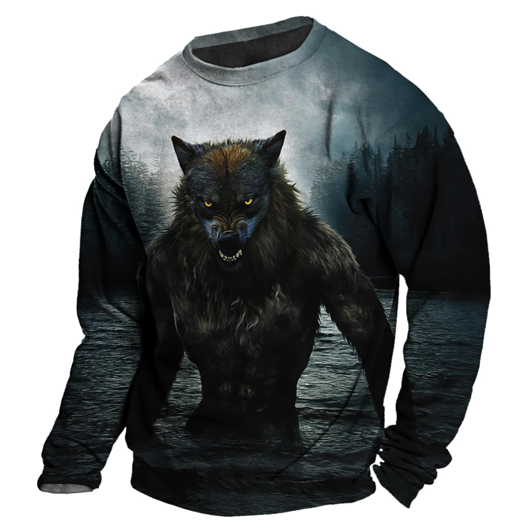 Men\'s Autumn Long Sleeve T-Shirt Wolf Animal Graphic 3d Print Tees Top Harajuku Pullover Casual Oversize Streetwear Male Clothes