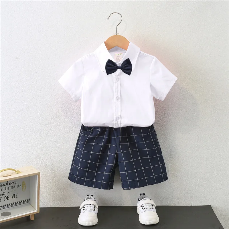 British gentleman children's clothing boys' medium-sized summer short-sleeved shirt collar suit six-one performance dress