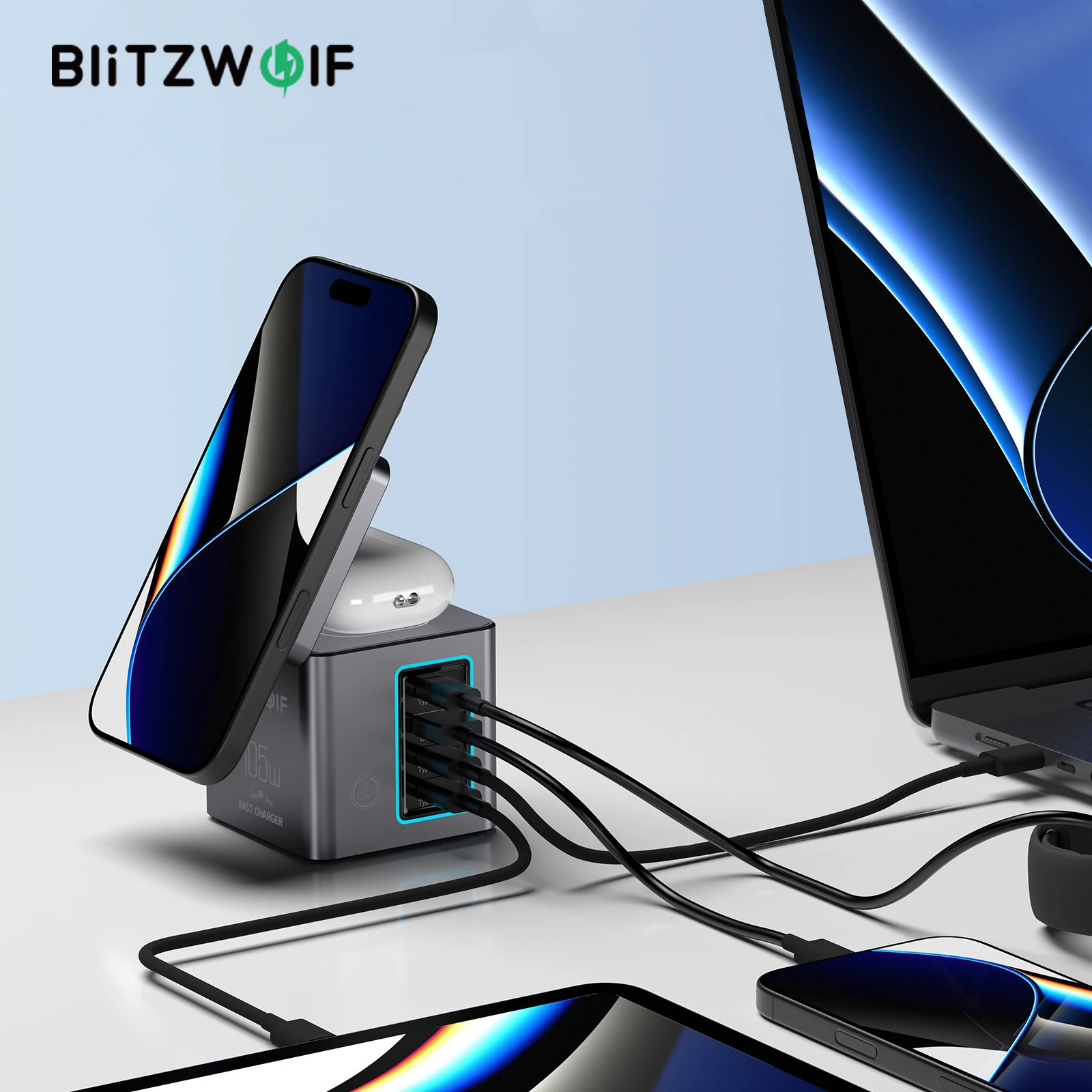 [GaN Tech] Blitzwolf BW-i113 105W Stasiun Pengisian Daya Desktop 6-In-1 dengan Pengisi Daya Nirkabel PD QC Pengisian Cepat dengan Steker UE LED