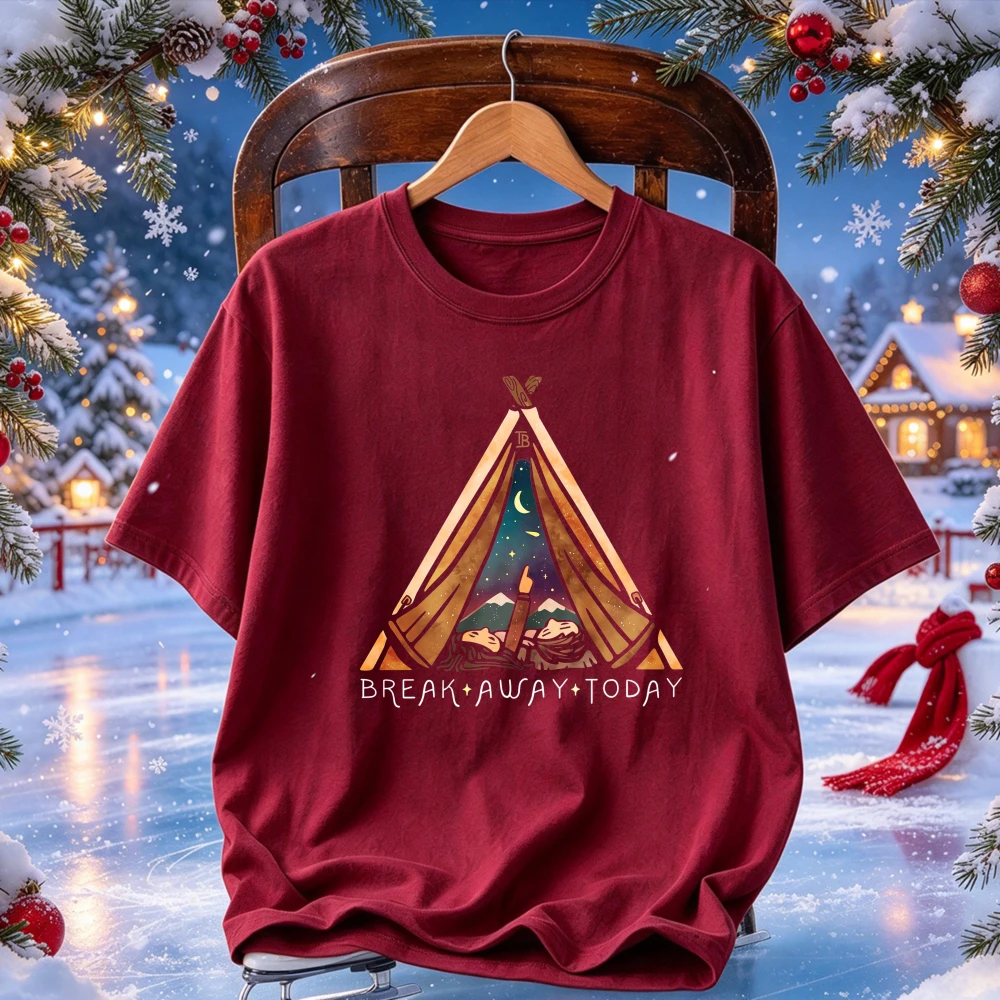 Break Away Today Camping Tent Graphic Starry Night Mountain Campfire Short Sleeve Outdoor Adventure Nature Casual Crew Neck Tops