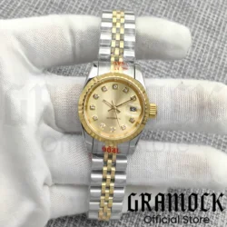 Gramock 26mm Women's Watch 3 point Date Diamond Pink Mother Pearl NH05 Automatic movement Silver Sapphire Glass Luminous Hands