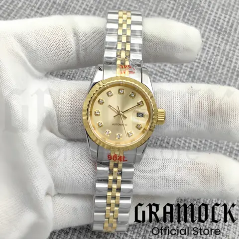 Gramock 26mm 여성용 시계 3 포인트 날짜 다이아몬드 핑크 마더 펄 NH05 자동식 무브먼트 실버 사파이어 글라스 빛나는 손