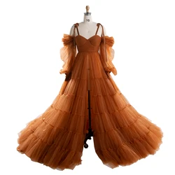 Elegant Off Shoulder Long Sleeve Tulle Party Dresses Women Evening Gown Photography Dress with Front Belly Slit YW221106