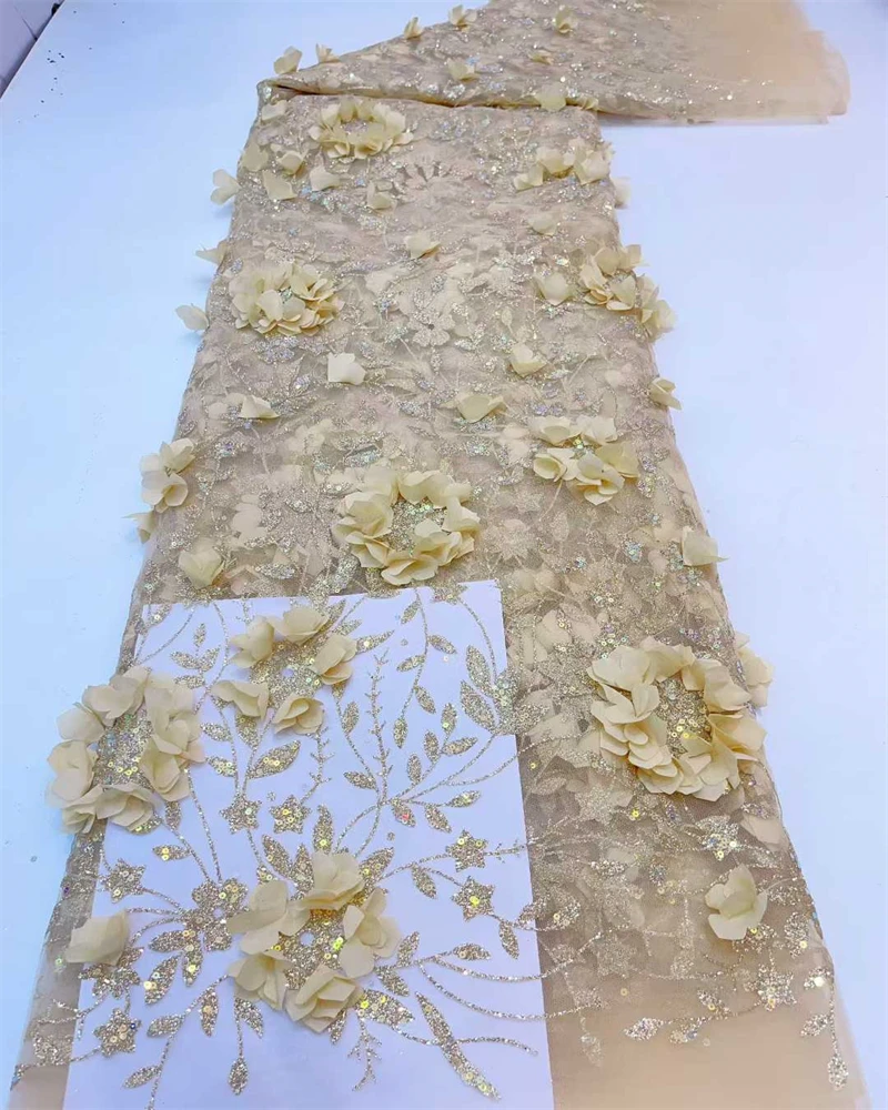 

African Nigerian High-Quality Lace Fabric with Embroidered Sequined 3D Flowers French Tulle for Dress Making
