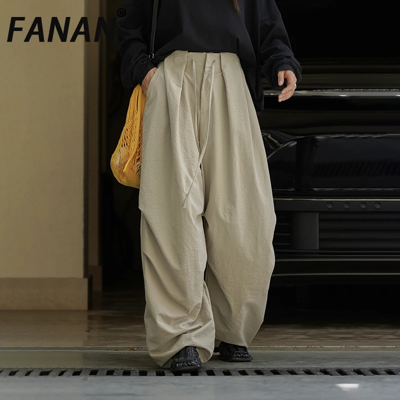 

FANAN офисные женские брюки с высокой талией на шнурке, женские прямые повседневные свободные однотонные брюки, модная одежда, новинка осени 2023 г.
