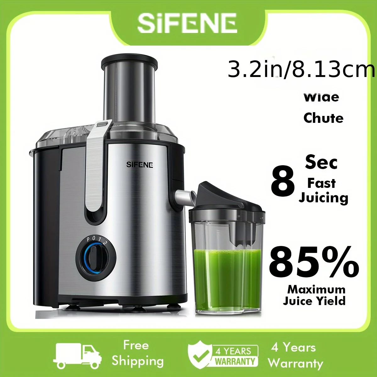 Máquina de espremedor de aço inoxidável Sifee, poderoso extrator, para frutas e vegetais inteiros, sem bpa, 1, 2 polegadas, 1000w