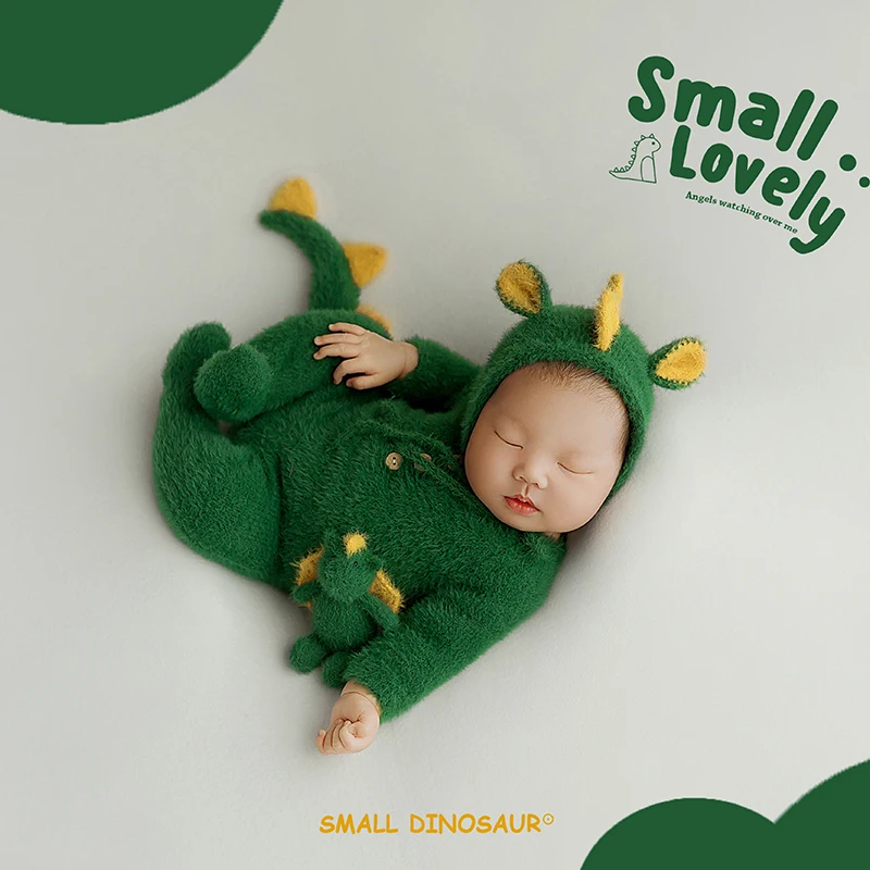 Newborn Dinosaur Clothes Baby Boy Photography Outfits Cute Knitted Green Dragon Jumpsuit Doll Studio 0-1 Month Infant Photo Prop