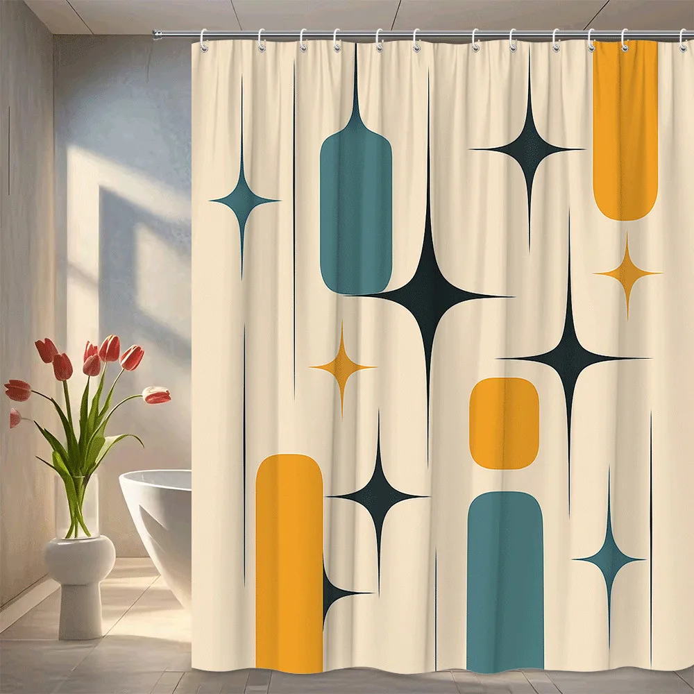 

Ретро Атомная Звездная Занавеска Для Душа Кремовый Фон Бирюзовый Оранжевый Формы Современный Декор середины века Водонепроницаемый Улучшите свое пространство