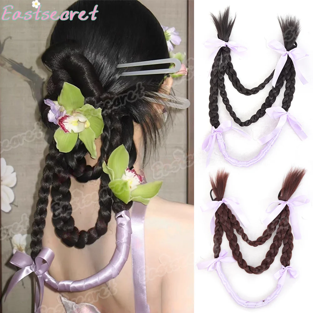 Hair accessories Hand woven hair bow ribbon Fried Dough Twists braid wig Chinese bowknot coiled hair synthetic ponytail wig
