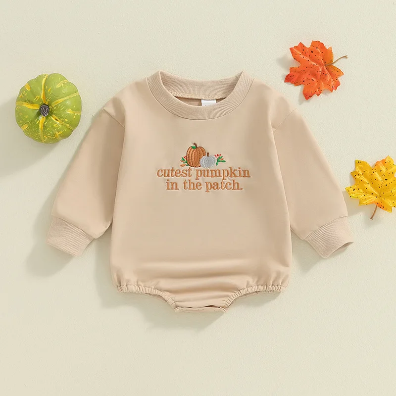 

Pumpkin Embroidered Baby Girl Romper Long Sleeved Halloween Baby Jumpsuit Holiday Newborn Clothes