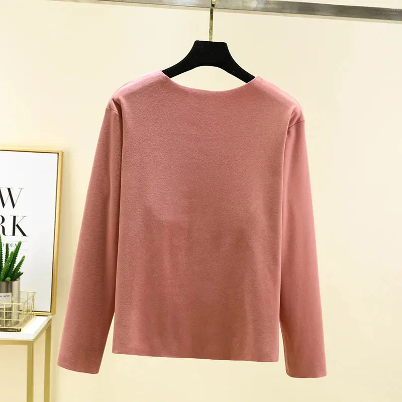 De Rong Chest Cushion Round Neck Long Sleeve Warm Bottom Shirt Women's Autumn and Winter New Solid Color Plush Slim Fit T-shirt image 2