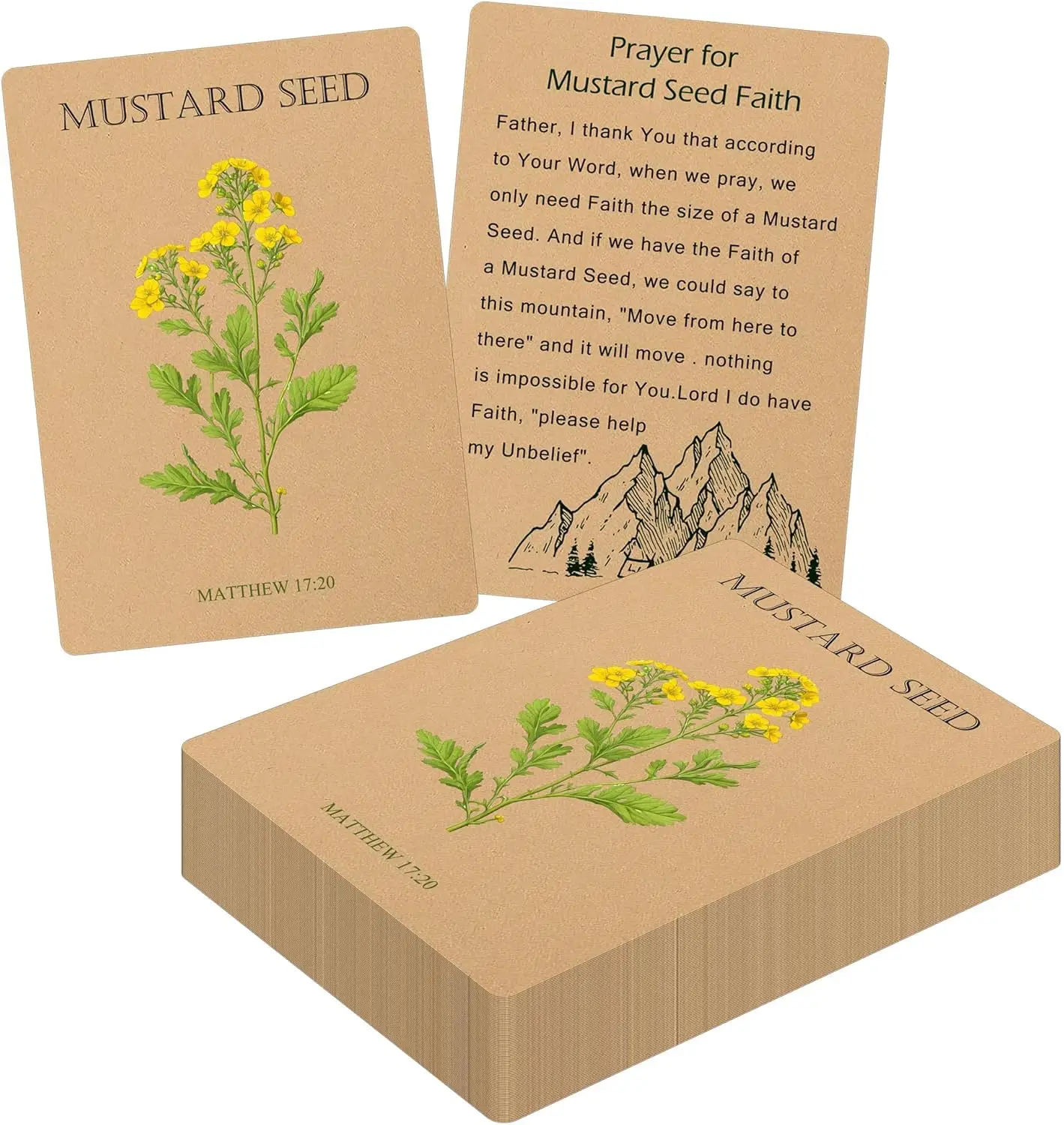 

Набор из 50 карточек с семенами горчицы, христианские молитвенные карточки, 3,15 × 4,5 дюйма, двусторонние карточки из крафт-бумаги, карточки веры с Матфеем 17:20