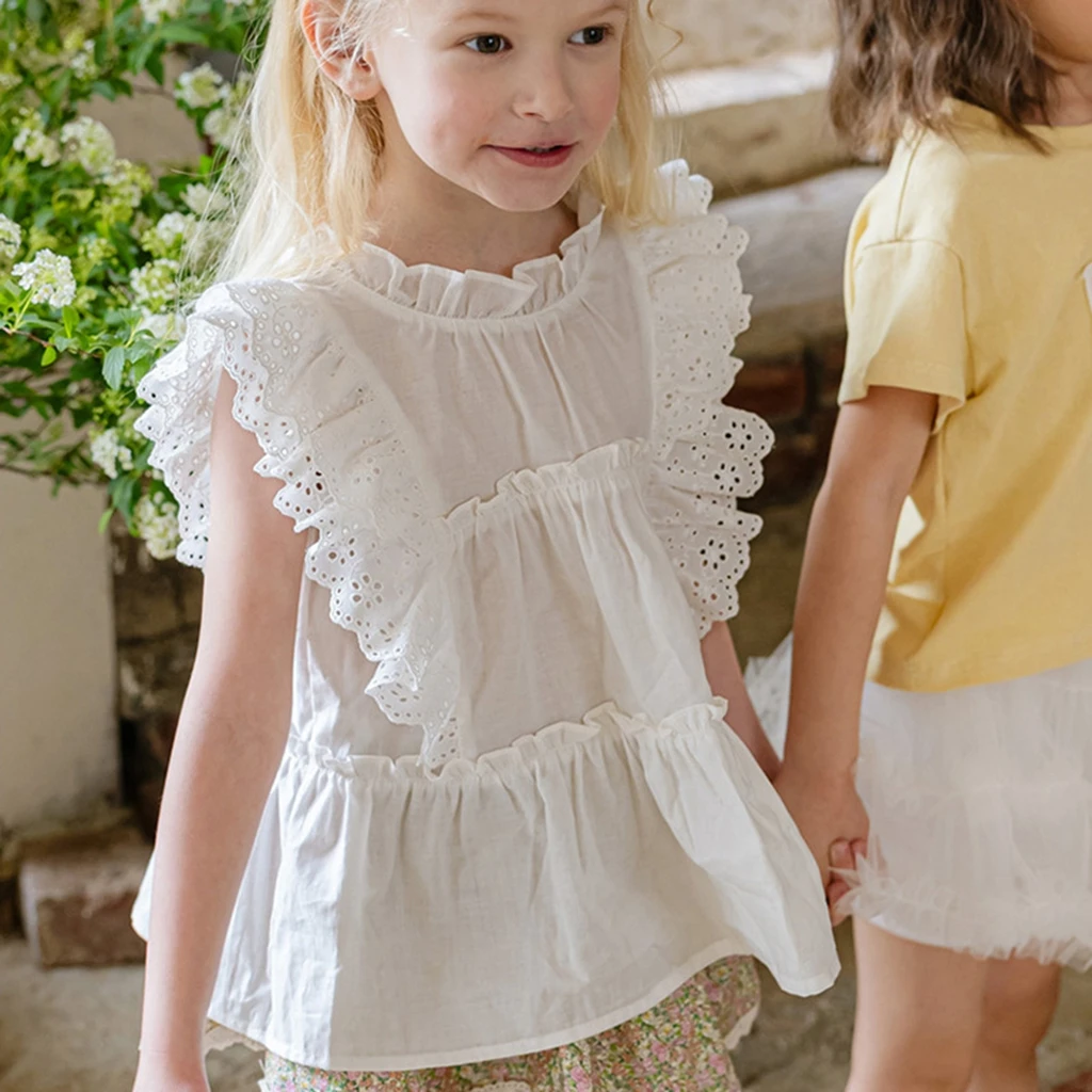 Kids Tops Summer 2026 Girls Cotton Sleeveless Shirt Cute Ruffle Edge Sweet Children's Clothing in Stock Blouse
