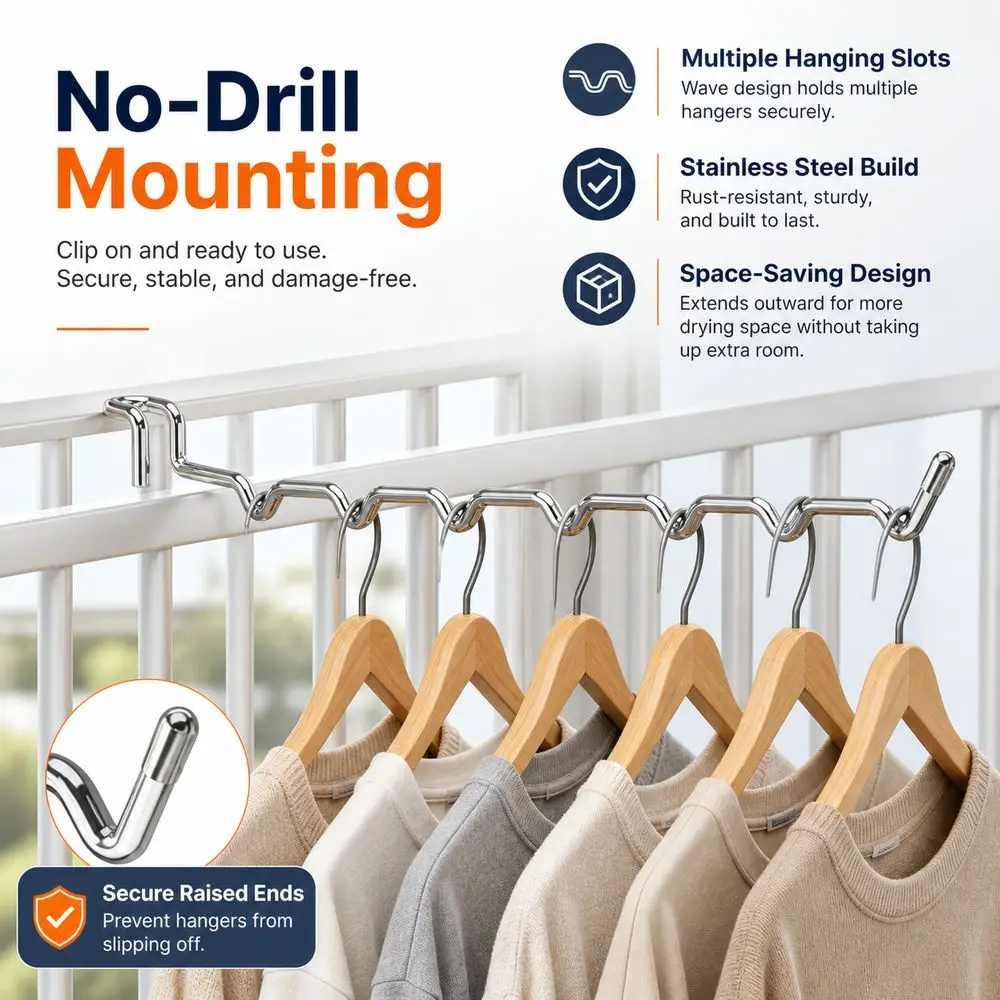 Stainless Steel Balcony Clothes Hanger Wave Shaped No Drill Railing Drying Rack Hook Mount Multiple Hanging Slots