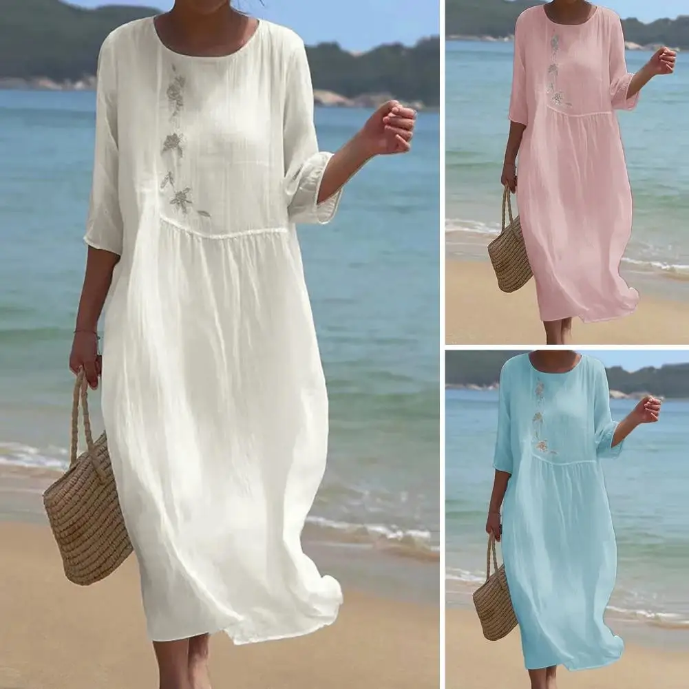 Vintage Women Dress Floral Embroidery Beach Dress Ladies Short Sleeve O-neck Cotton And Linen Boho Dresses Summer