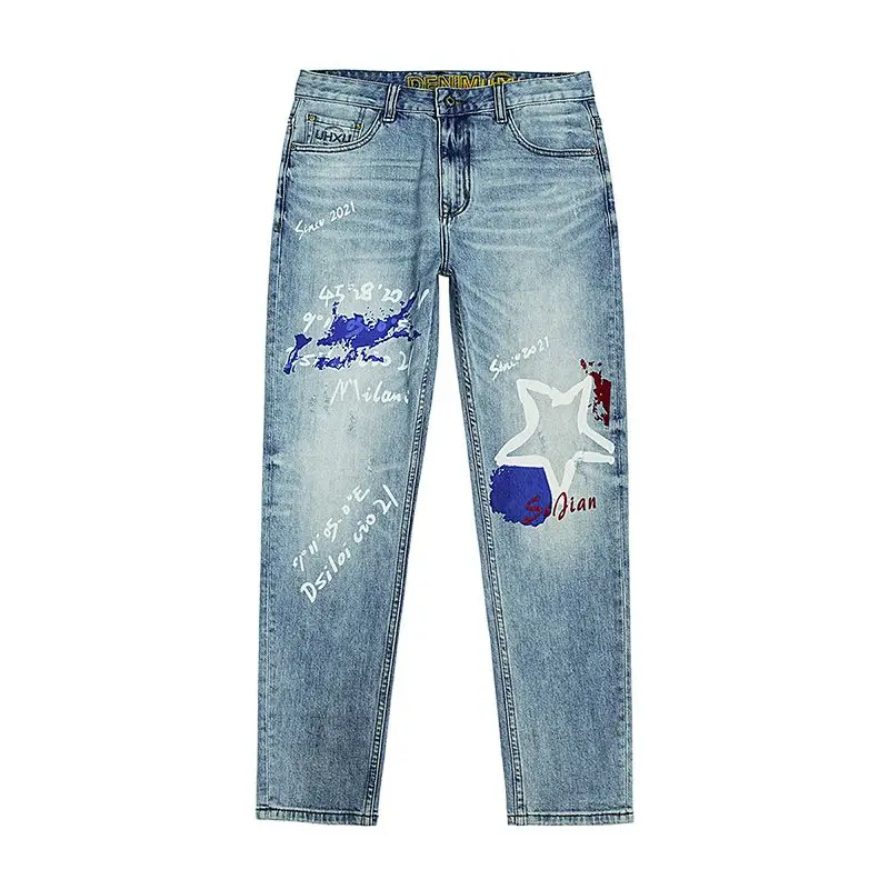 

JXNS160 High-grade embroidery printing jeans men Slim Korean straight trousers American tide retro washed small leg trousers