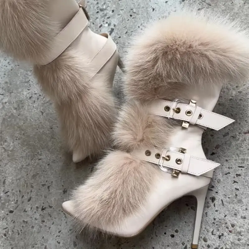 

Modern Pointed Toe Buckle Belt Straps Women Ankle Boots Beige Black Leather Warm Fur Decor Winter Short Boots Dress Shoes